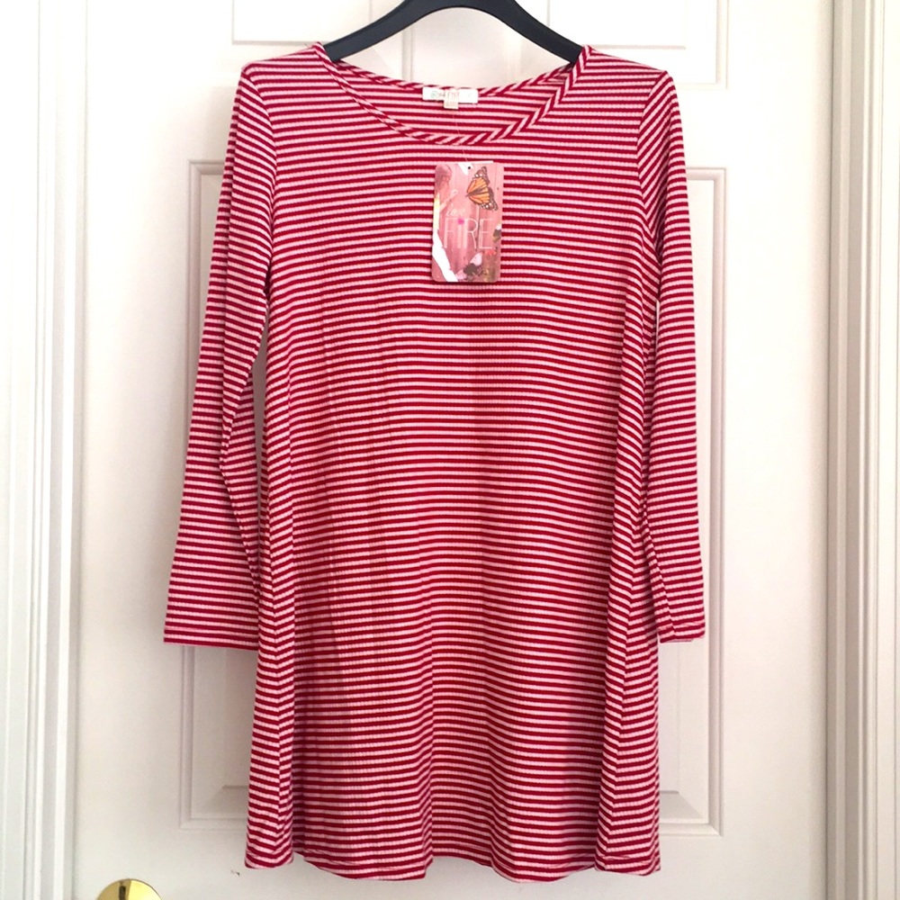 New Love Fire Tunic Top L Red White Stripes Long Sleeves NWT